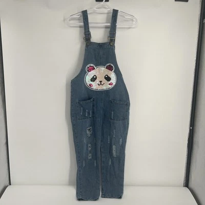 Girls/Womens Panda Sequin Distressed Overalls Great Shape - Image 1 of 4