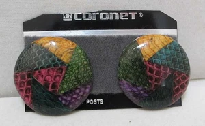 Vtg CORONET Deep Colors PATCHWORK Plastic Post Earrings 1-3/8” NEW NOS - Picture 1 of 16