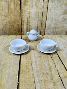 Juego de té tazas blancas azucarero platillos casa de muñecas miniatura cerámica 5 piezas - Imagen 1 de 5