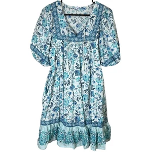 Puff-Sleeve Mini Swing Dress Boho Floral Mumu Pockets Cotton Old Navy Blue Sz L - Picture 1 of 7
