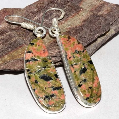 Brincos feitos à mão de pedra preciosa folheados a prata 925 Unakite 2" presente étnico GW - Imagem 1 de 3