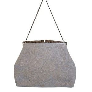 Vintage 1950's White Glass Beaded Purse/Bag Silver Beaded Flower  - Picture 1 of 6