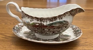 Johnson Bros Heritage Hall Gravy Boat con sottopiatto Ironstone marrone transferware - Foto 1 di 5