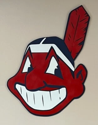 32" x 22" Cleveland Indians Chief Wahoo Logo Wood Sign Mancave Guardians  - Image 1 of 3