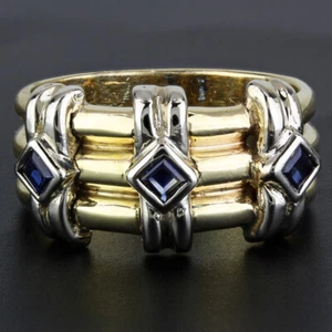 14k Two-Tone Yellow & White Gold Blue Sapphire Anniversary Band Cocktail Ring - Picture 1 of 8