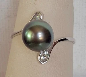 14k WHITE GOLD TAHITIAN PEARL AND DIAMOND RING SIZE 6 - Picture 1 of 11