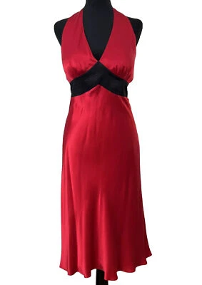 Robbie Red Silk Halter Dress Sz 10 Black Empire Waist Midi Y2K Rockabilly Pinup - Image 1 of 4