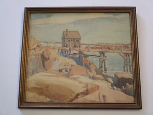 ANTIQUE PAINTING 1920'S AMERICAN REGIONALISM COASTAL WPA ERA LANDSCAPE OLD PIER - Picture 1 of 9