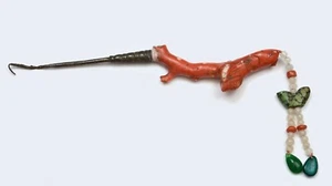 Épingle à chapeau cheveux perles turquoise oiseau sculpté corail rouge chinois années 30 - Photo 1 sur 10
