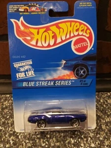 1997 Hot Wheels #573 Blue Streak Series 1/4 OLDS 442 Blue Chrome-Base w/3 Spokes - Picture 1 of 6
