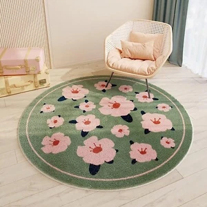 Modern Flowers Green Area Rug for Home Office Spring Floral Round Rugs Non-Sl... - Picture 1 of 6
