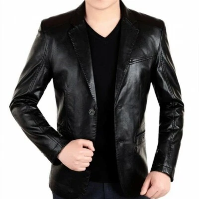 Leather Blazer Men's Genuine Lambskin Black Designer Lapel Two Buttoned - Image 1 of 3