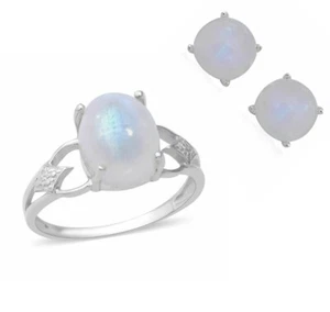 5.14 Ct Rainbow Moonstone Solitaire Ring & 4.83 Ct Earrings In Sterling Silver - Picture 1 of 10