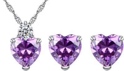 Juego de aretes colgantes de plata de ley 925 con corazón amatista roja circonita cúbica K65 Foto 1 de 4