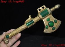 11.2" Chinese Ancient bronze Gilt Inlay gem weapon arms ax hatchet statue