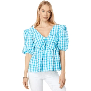 Lilly Pulitzer Sarafina Gingham Babydoll Top Sz 0 Blue White Puff Sleeve Coastal - Picture 1 of 15