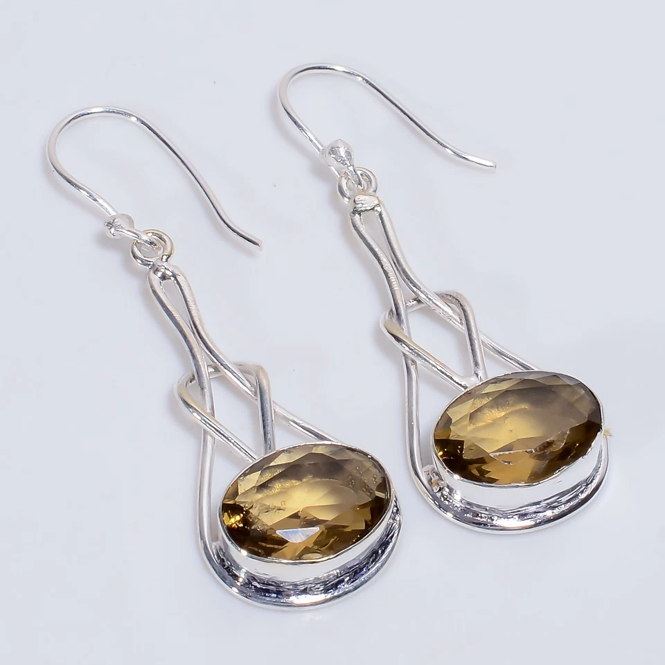 Smoky Quartz Gemstone Ethnic Handmade 925 Sterling Silver Earrings 2" t382 - Image 1 of 4
