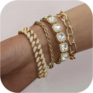 4Pezzi Oro/Argento Bracciale Donna Bracciale Tennis Con Diamanti Quadrati Bracci - Foto 1 di 12