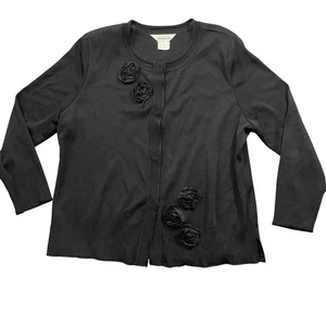 Misook XL Black Cardigan Snap Closure Rosettes 3/4 Sleeve 100% Acrylic - Picture 1 of 3