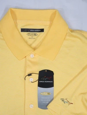 NUEVO CON ETIQUETAS GREG NORMAN DORADO AMARILLO MINI RAYAS PLAY DRY GRANDE Polo de Golf PERF TECH Foto 1 de 4