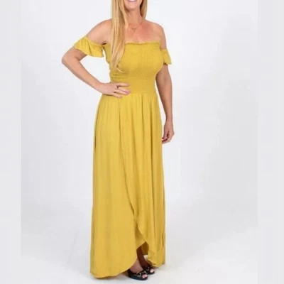 Young Fabulous & Broke Yellow Smocked Off The Shoulder Frida Maxi Dress Medium - Image 1 of 4