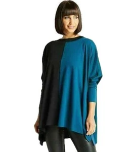 PLANET Lauren G Dos Tonos Crew SWING TEE Top Túnica AZUL/NEGRO Algodón Pima O/S - Imagen 1 de 4