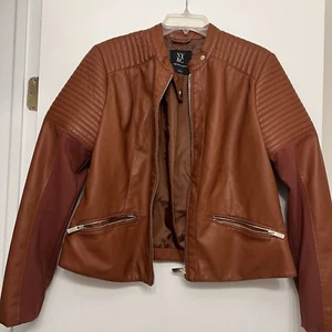 New York And Company Faux Leather Woman’s Brown Moto Jacket. SZ L - Picture 1 of 9