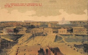 Cartolina Providence RI vista occhio di uccellino stazione ferroviaria deposito treni - Foto 1 di 2