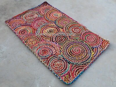 2X3 Foot Colorful Area Rug Cotton Jute Rug Indian Handmade Floor Area Rag Rug AU - Image 1 of 4