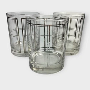 3 VTG MCM Georges Briard Low Ball Rocks Glasses Silver Plaid Overlay Barware Men - Picture 1 of 6
