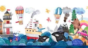 ITB In the Beginning Shop Hop 2023 Border Stripe Tela ~ Barcos Faro Orcas - Imagen 1 de 3