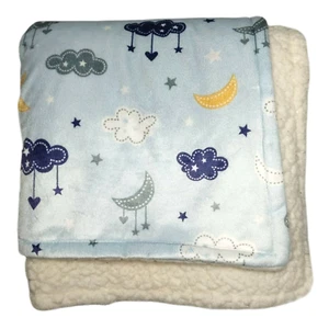 Manhattan Kids Plush Moon Star Cloud Blanket Blue Beige Sherpa Unisex Baby EUC - Picture 1 of 3