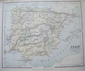 Mapa antiguo original de España y Portugal de 1887 - Imagen 1 de 4