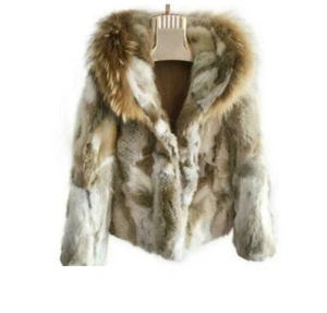 Women's Real Rabbit Fur Coat Real Raccoon Fur Collar Hooded Jacket Warm Outwear - Picture 1 of 13