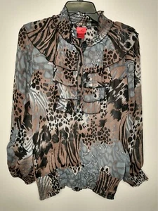 V Cristina Womens Sheer Animal Leopard Print Tunic Blouse Ruffles Sz M - Picture 1 of 11