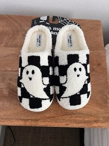New Women’s Ghost Black White Checkers Slippers Large 8-9 Halloween Memory Foam - Picture 1 of 7