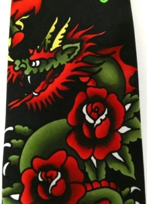 Ed Hardy por Christian Audigier Corbata Negra Dragones y Rosas Hecha a Mano Seda Foto 1 de 4