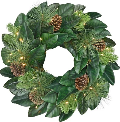 Puleo International 24 in. Pre-lit Magnolia Artificial Wreath - Image 1 of 4