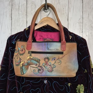 Borsa a tracolla Anuschka dipinta a mano farfalle foderata floreale in pelle 13" x 9" - Foto 1 di 8