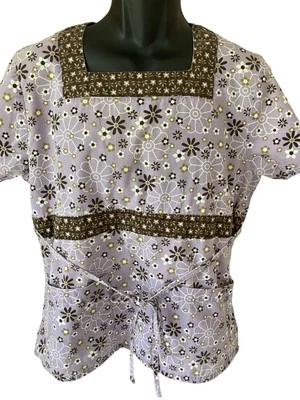 Tafford Scrub Top Women's Large Purple White Brown Flowers Square Neck - Image 1 of 4