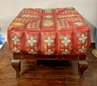 VINTAGE ANTIQUE  RED LEATHER PAINTED OTTOMAN ON CUSTOM STAND - Image 1 of 4