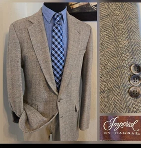 VTG Haggar Imperial Tweed Herringbone Blazer Wool Men 42L Sport Coat Wool Jacket - Picture 1 of 19