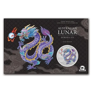 2024 Australia Lunar LILAC Dragon Coin SYDNEY ANA Color 1 oz .999 Silver in Card - Picture 1 of 5