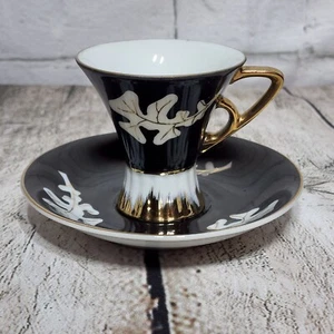 Tazza da tè e piattino vintage design foglia oro nero, bianco e oro - Foto 1 di 8