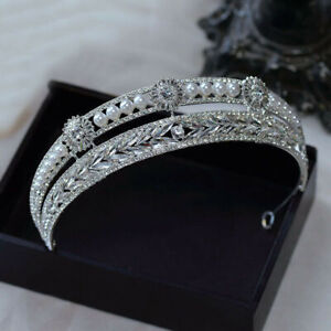 4cm High Crystal Pearl Tiara Crown Wedding Bridal Queen Princess Prom 2 Colours