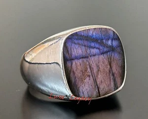 Purple Labradorite Ring Mens Ring 925 Sterling Silver Cushion Cut Gemstone Ring - Picture 1 of 10