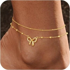 Anklets 14k Gold Plated Bow Bracelets Waterproof Dainty Cute Beach Knot Fashion - Picture 1 of 7