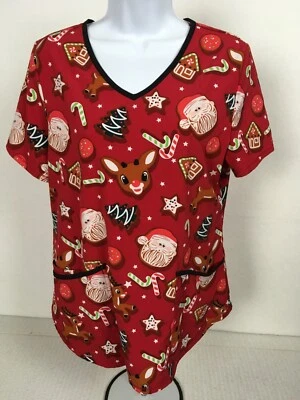 Rudolph the Red Noise Reindeer Womens Scrub Top Size S Red Holidays Santa Candy - Image 1 of 4