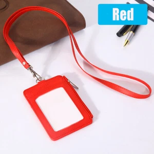Vertical Leather ID Card Holder Badge Wallet Pocket W/6 Slot Neck Strap Lanyard - Picture 1 of 17