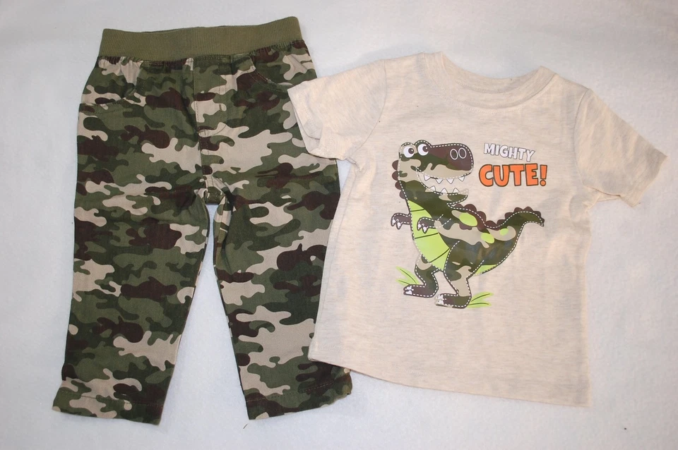 Baby Boys BEIGE S/S T-SHIRT T-Rex Dinosaur MIGHTY CUTE Woven Camo Pants 12 MO - Image 1 of 1